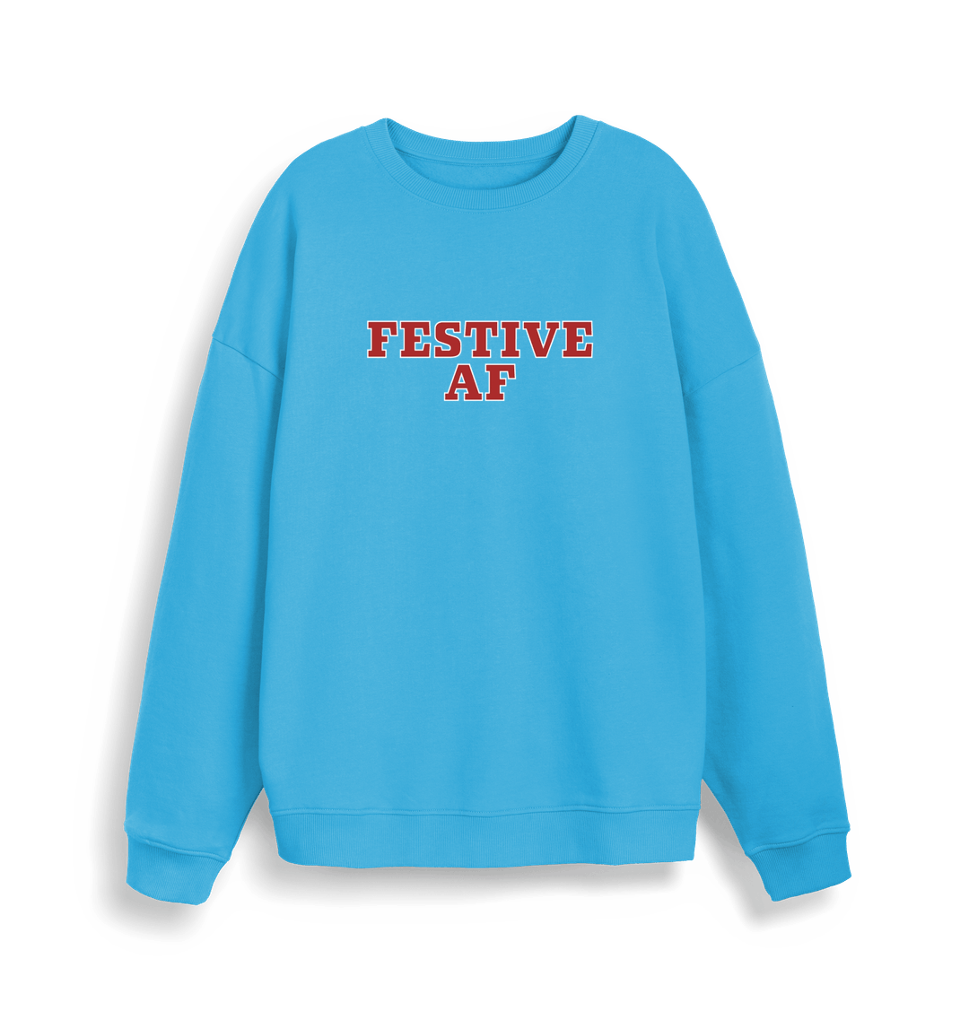blue christmas slogan jumper with 'festive af'