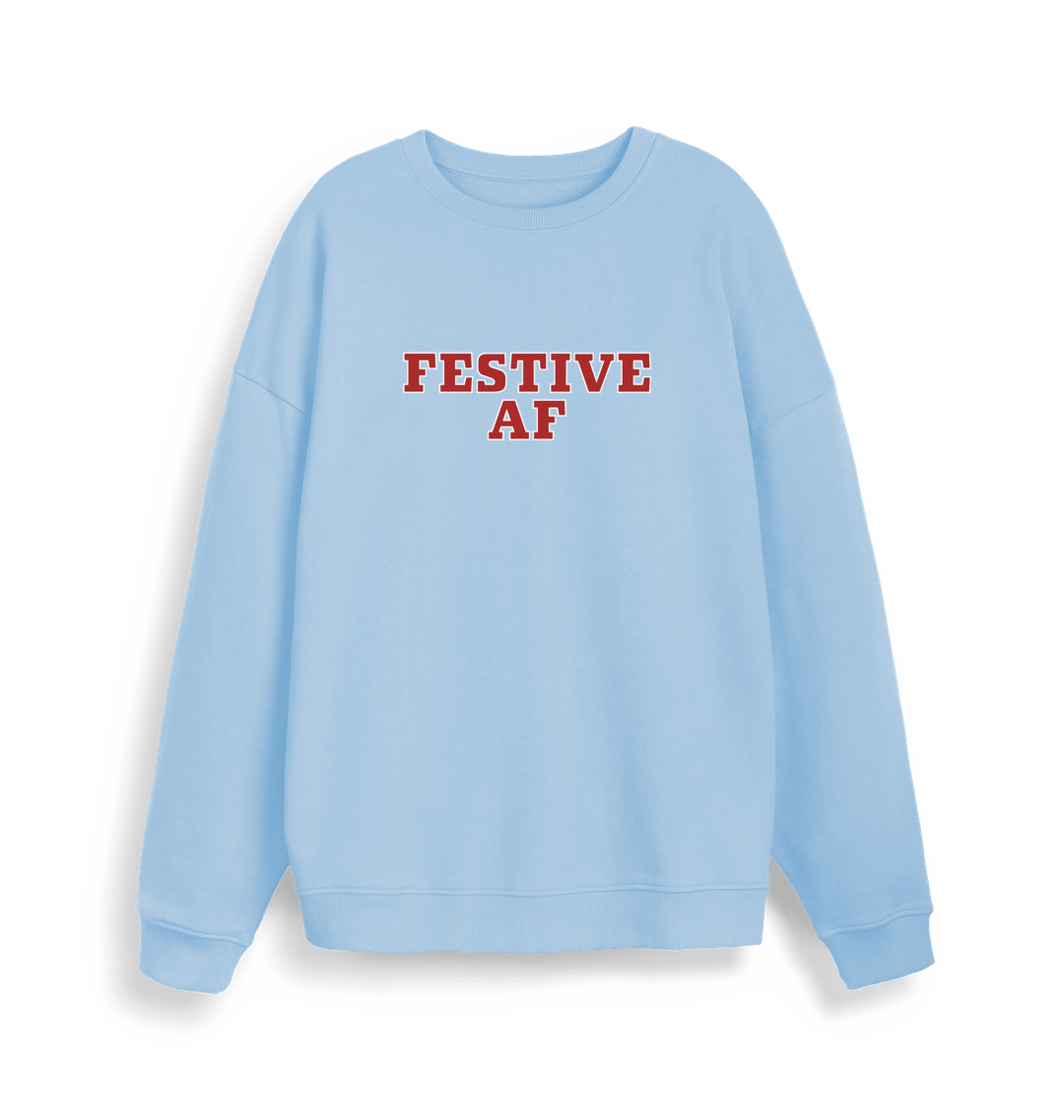 light blue christmas slogan jumper with 'festive af'