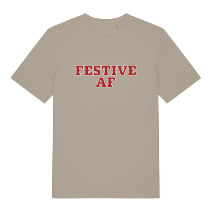 Beige Festive AF T-shirt flat lay with bold red Christmas slogan