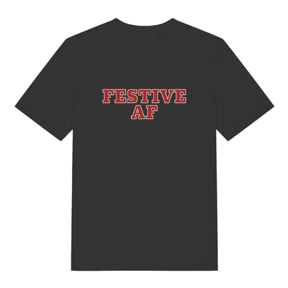 Black Festive AF T-shirt flat lay featuring "Festive AF" red text graphic