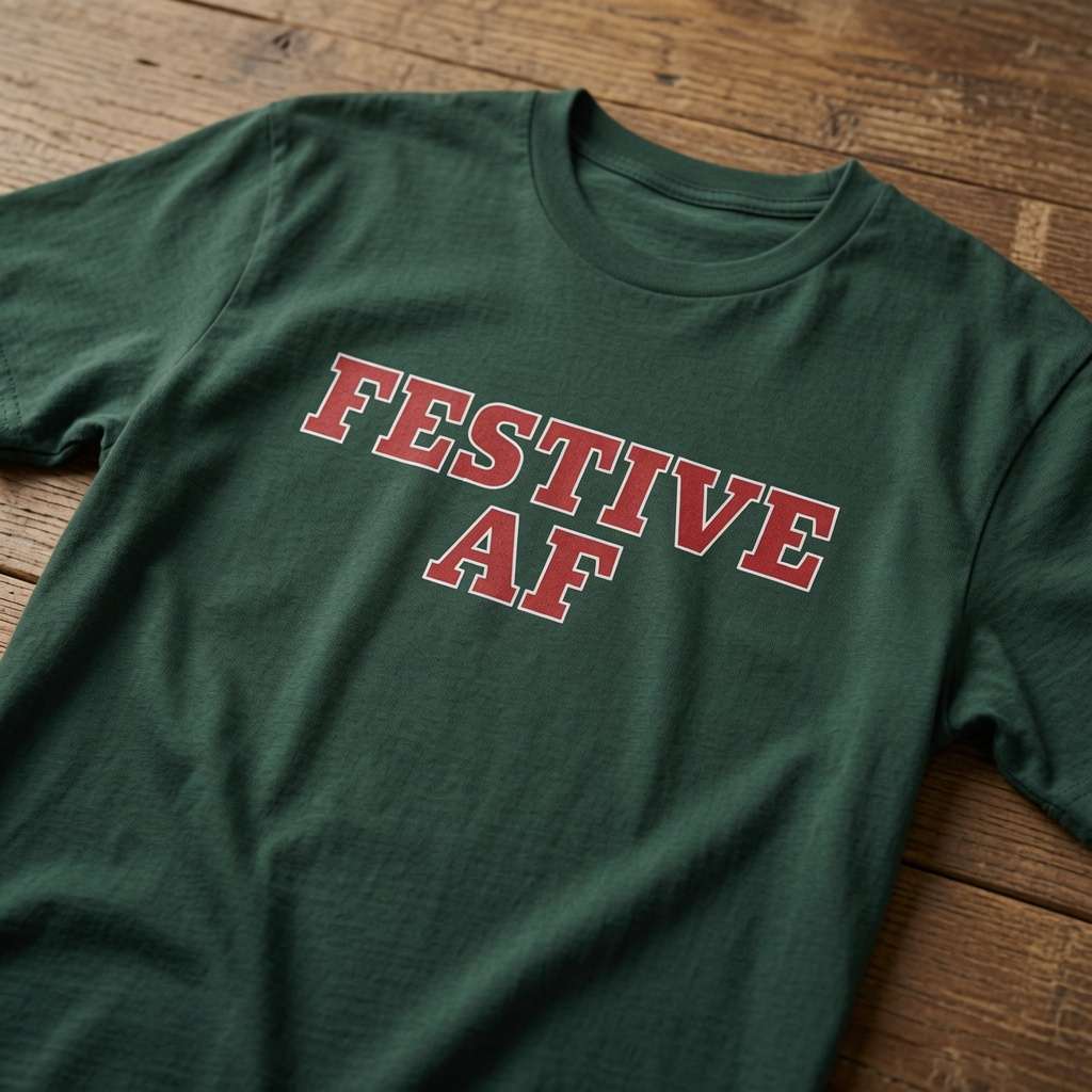 Green Festive AF t-shirt on wood with bold red text, mens funny festive xmas slogan