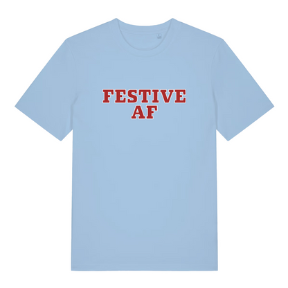 Light Blue Festive AF T-shirt flat lay with bold red "Festive AF" lettering
