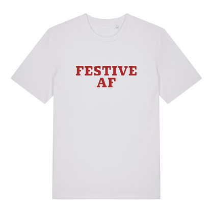 White Festive AF T-shirt flat lay with bold red "Festive AF" text