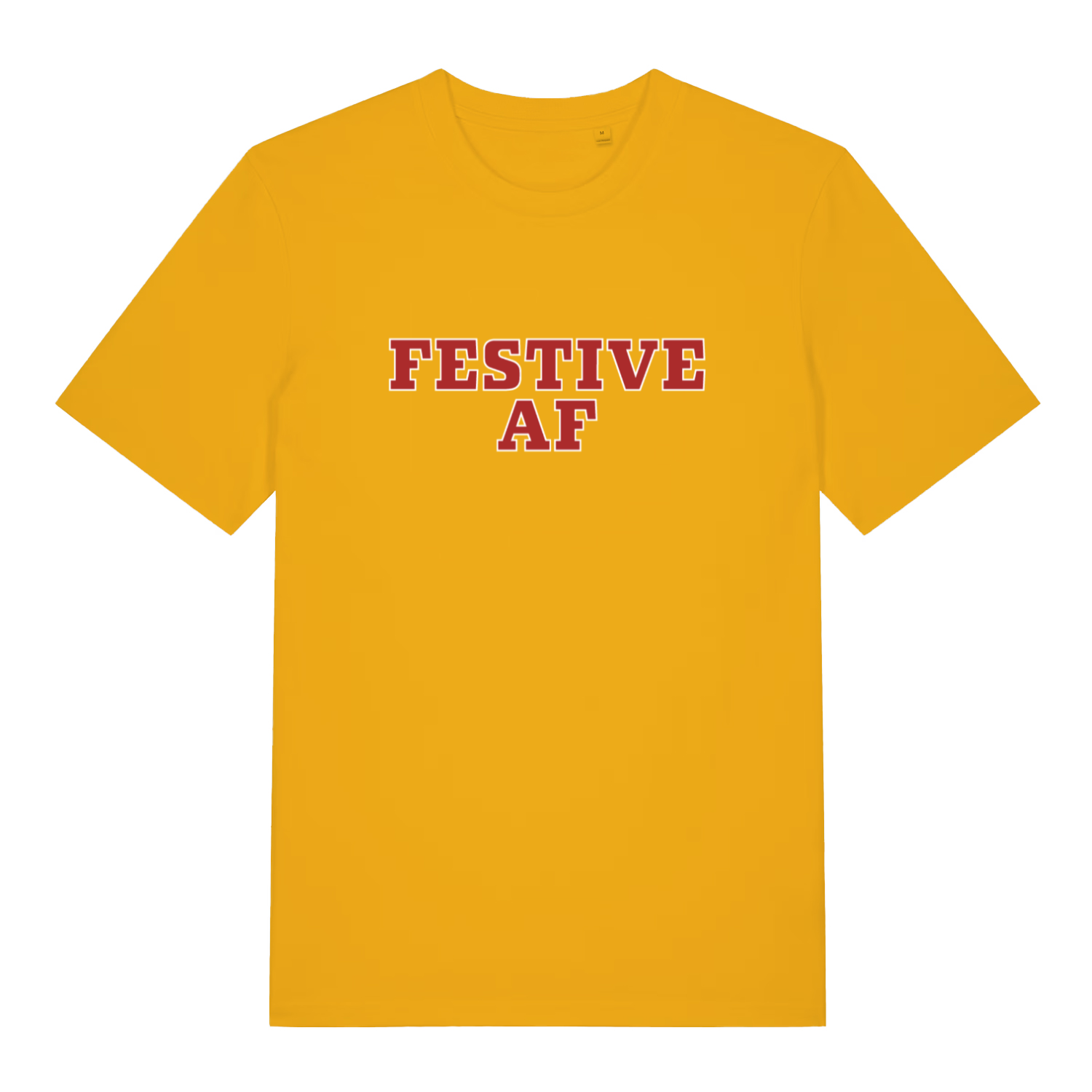 Yellow Festive AF T-shirt flat lay with vibrant red Festive AF text