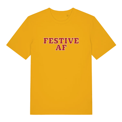 Yellow Festive AF T-shirt flat lay with vibrant red Festive AF text
