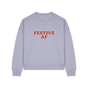 lavender womens christmas sweater with the slogan 'festive af'