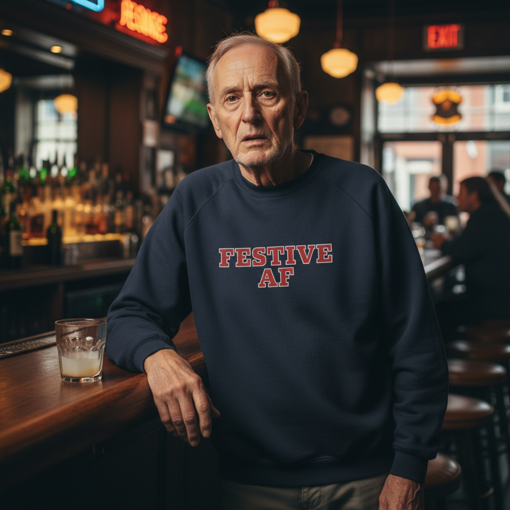 Man wearing a navy sweatshirt with 'Festive AF' text in a bar setting