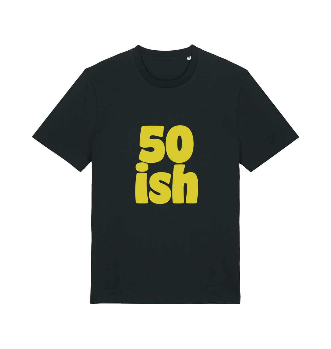 Black birthday t-shirt with yellow slogan '50ish' 