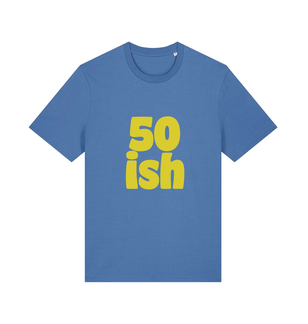 blue birthday t-shirt with yellow slogan '50ish' 