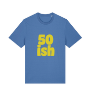 blue birthday t-shirt with yellow slogan '50ish' 