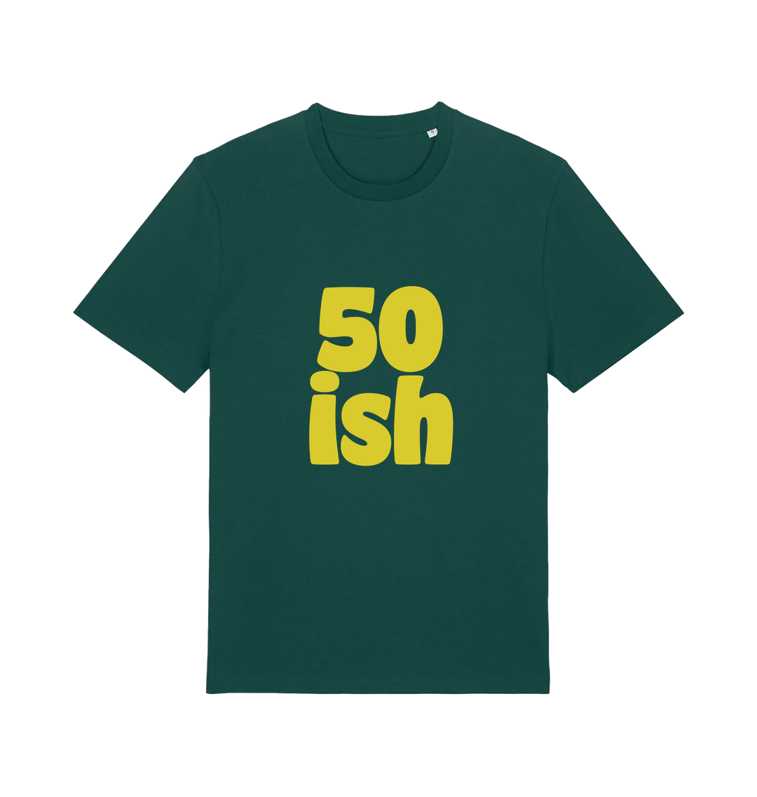 green birthday t-shirt with yellow slogan '50ish' 