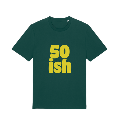 green birthday t-shirt with yellow slogan '50ish' 