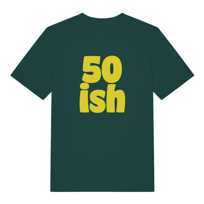 Green 50 Ish T-shirt flat lay showing fun "50 ish" milestone design