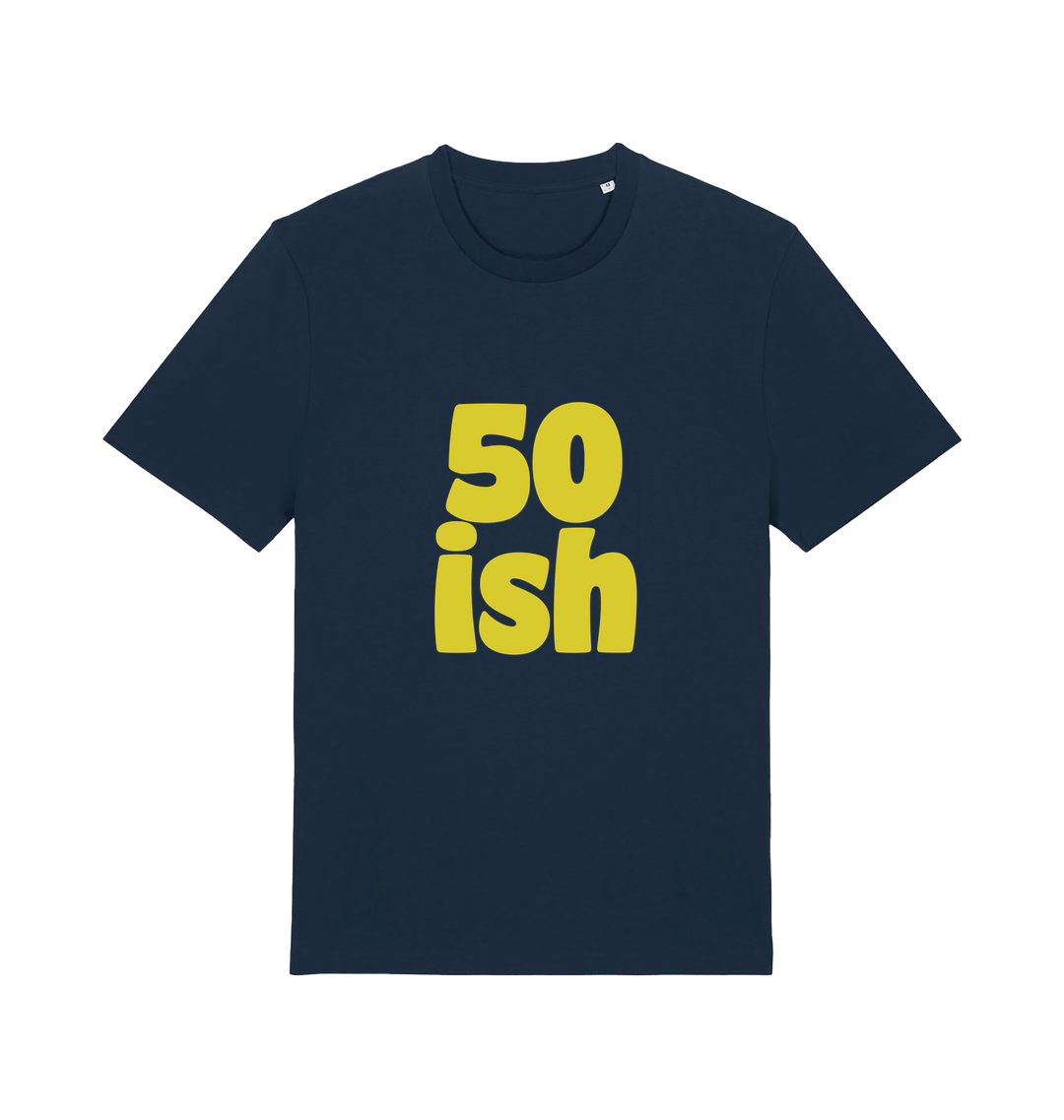 navy birthday t-shirt with yellow slogan '50ish' 