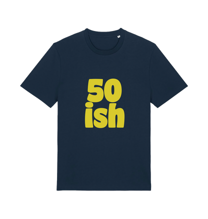 navy birthday t-shirt with yellow slogan '50ish' 