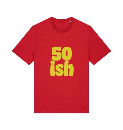 red birthday t-shirt with yellow slogan '50ish' 