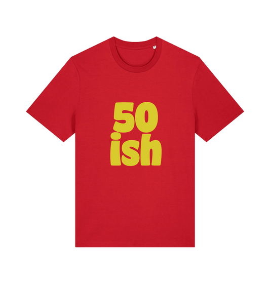 red birthday t-shirt with yellow slogan '50ish' 