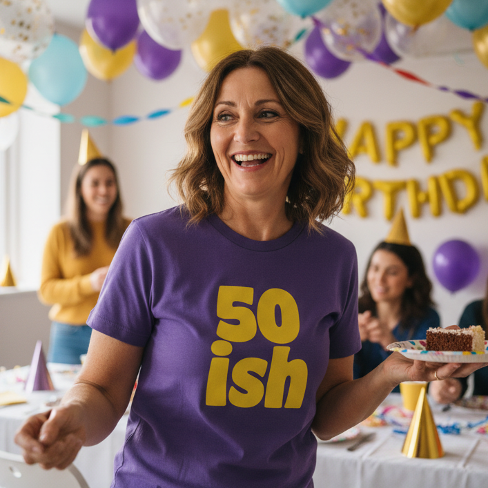 Woman wearing a purple t-shirt with '50ish' in yellow at a birthday party.