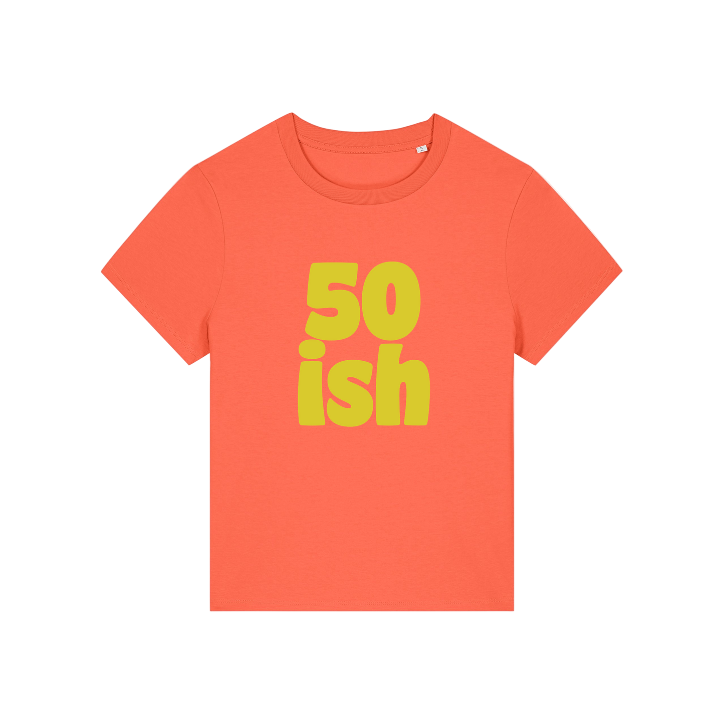 orange birthday t-shirt with the slogan '50 ish'