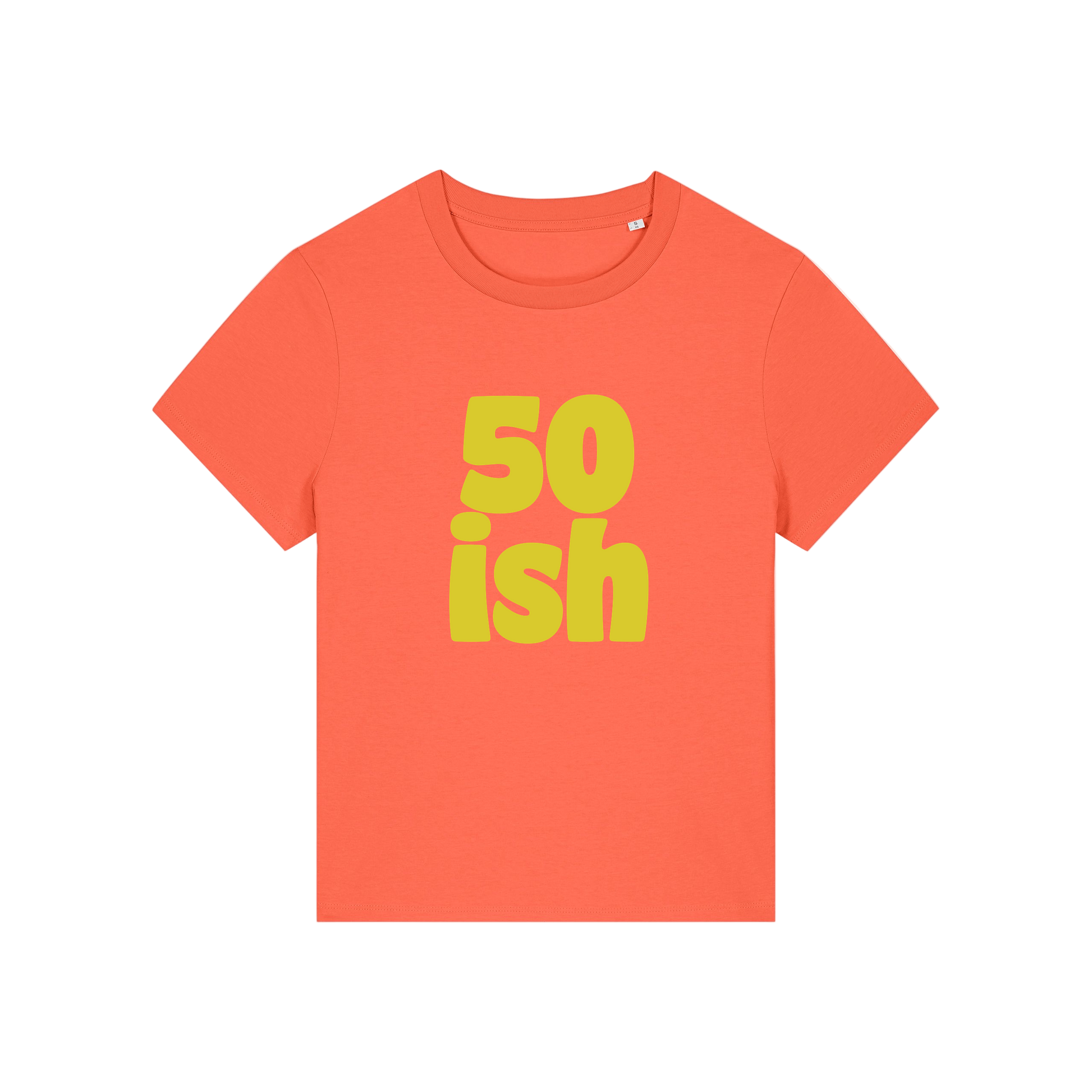 orange birthday t-shirt with the slogan '50 ish'