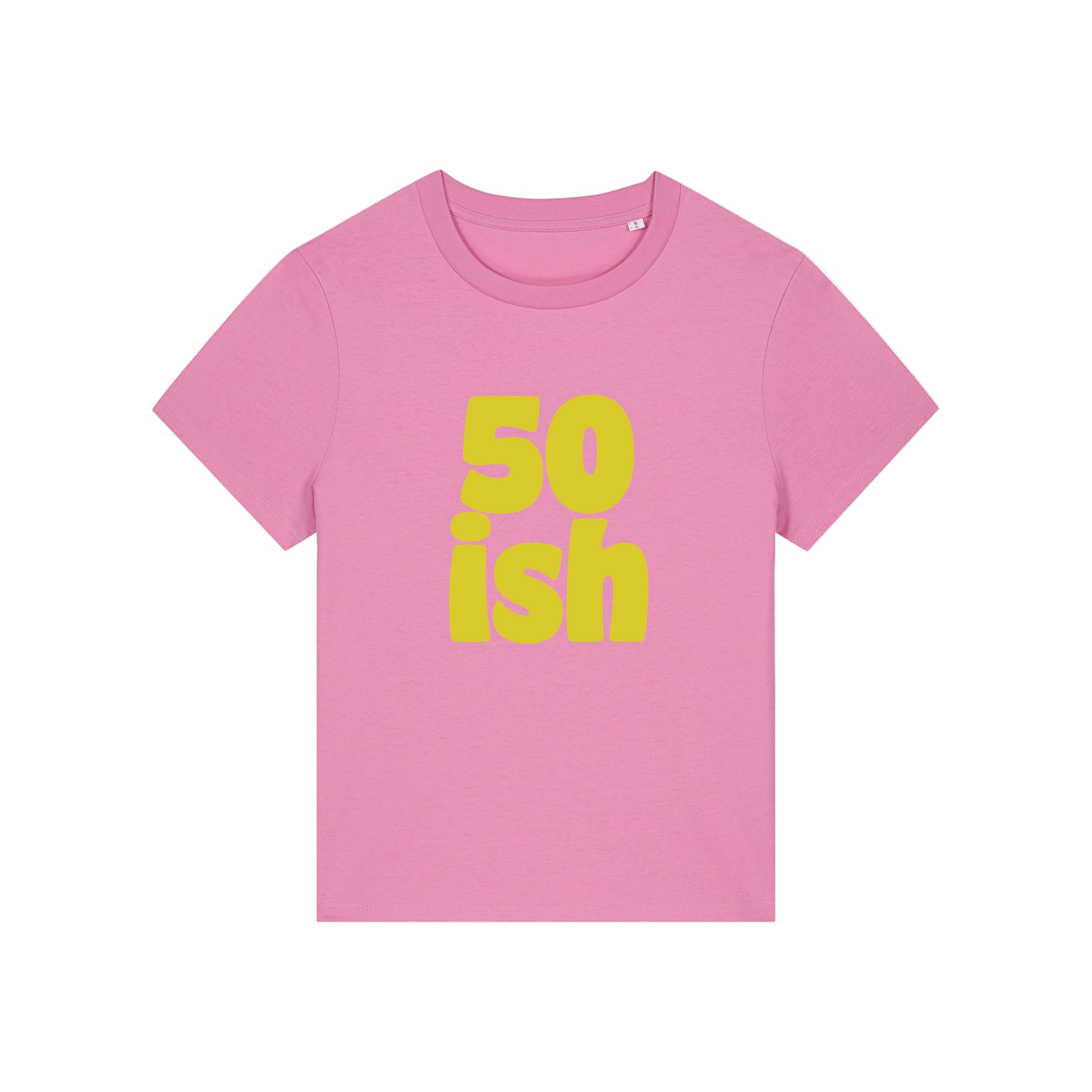 pink birthday t-shirt with the slogan '50 ish'