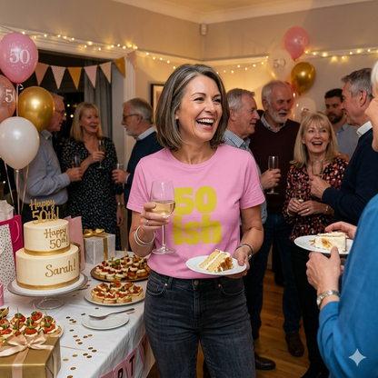 woman at a party wearing a pink slogan t-shirt with the text '50 ish'
