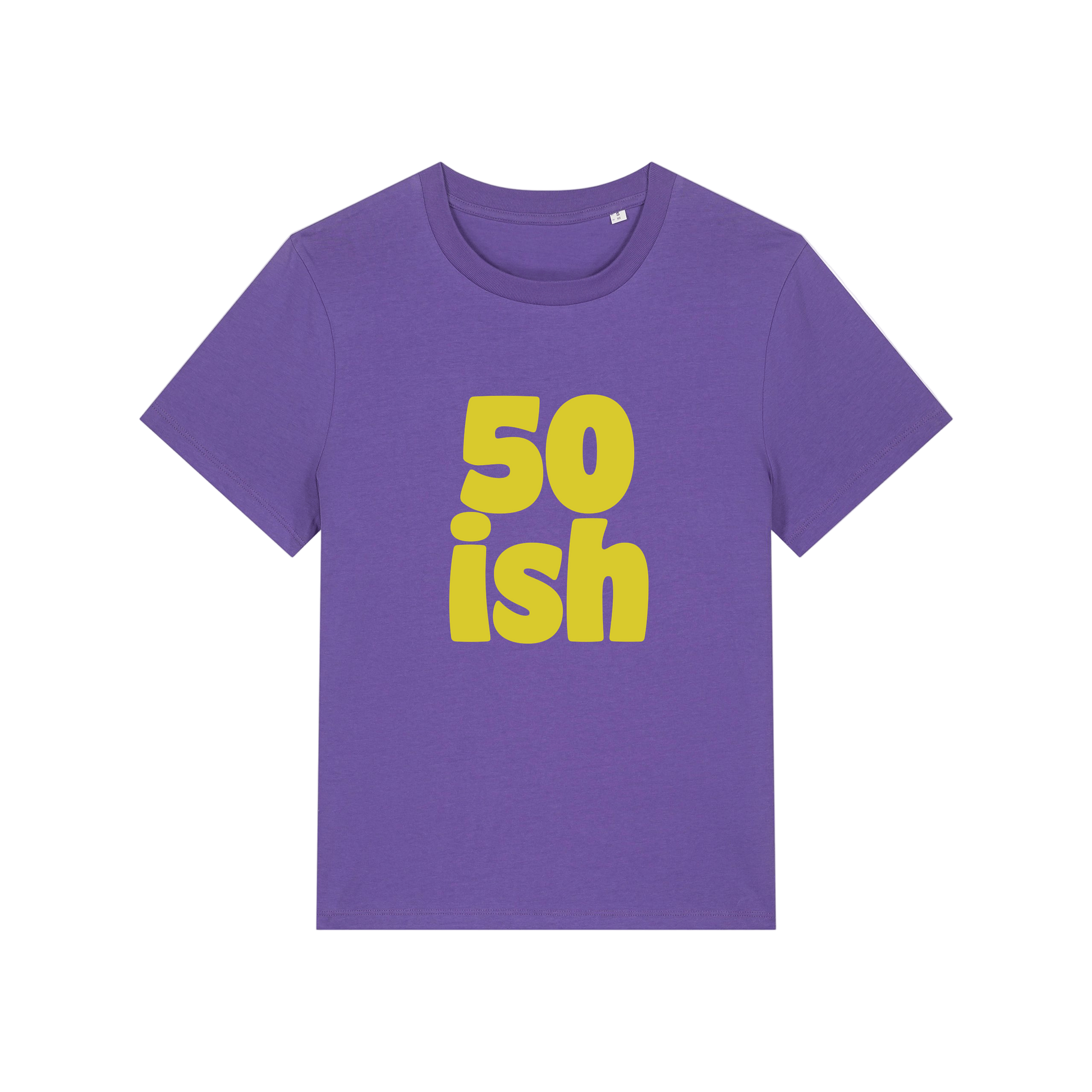 purple birthday t-shirt with the slogan '50 ish'