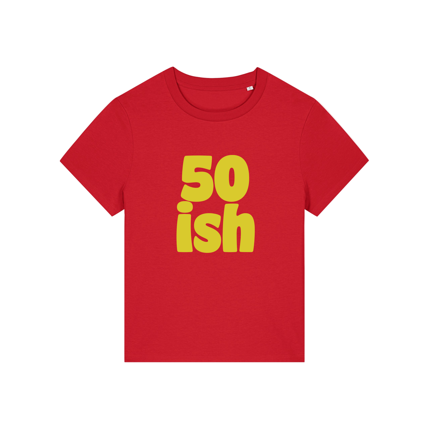 red birthday t-shirt with the slogan '50 ish'