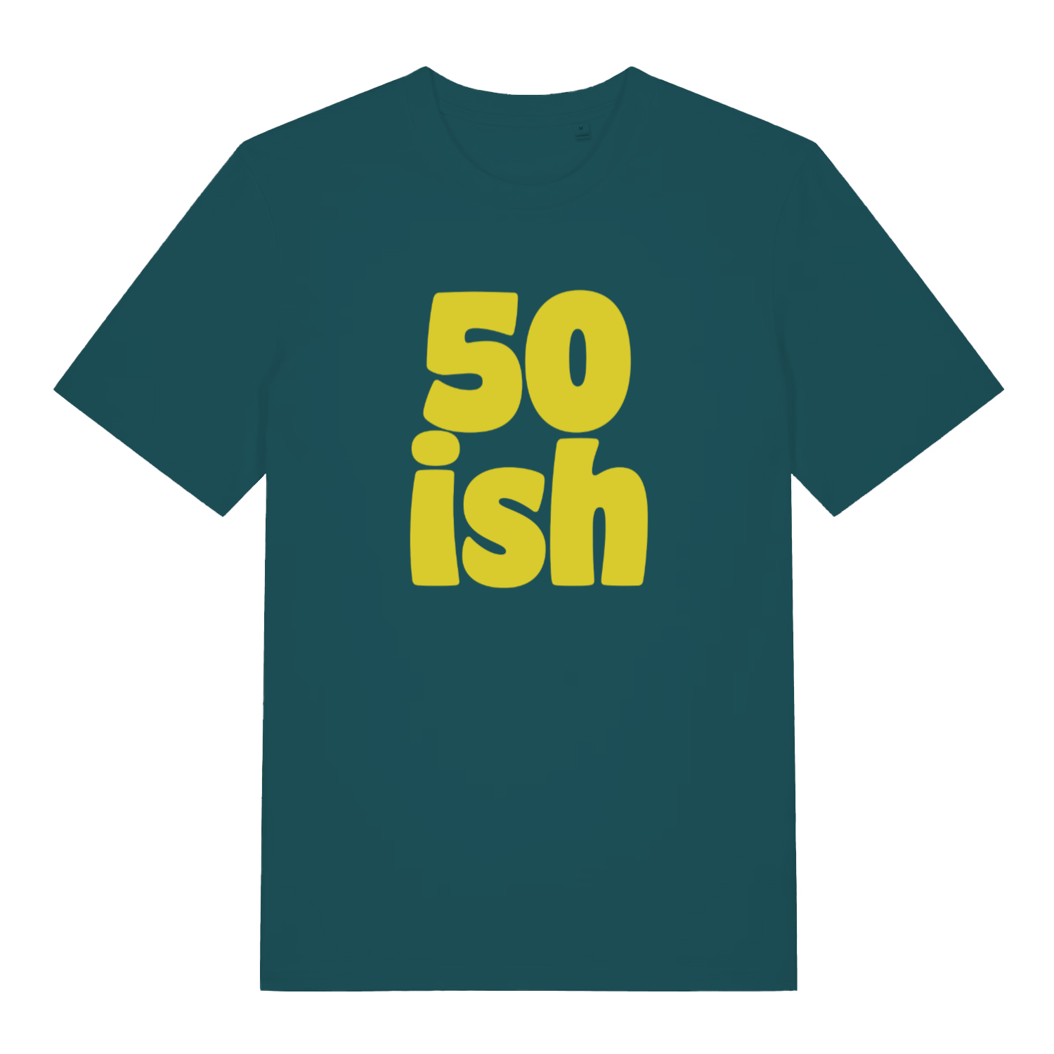 Stargazer women's 50 Ish T-shirt flat lay displaying bold yellow "50 ish" text