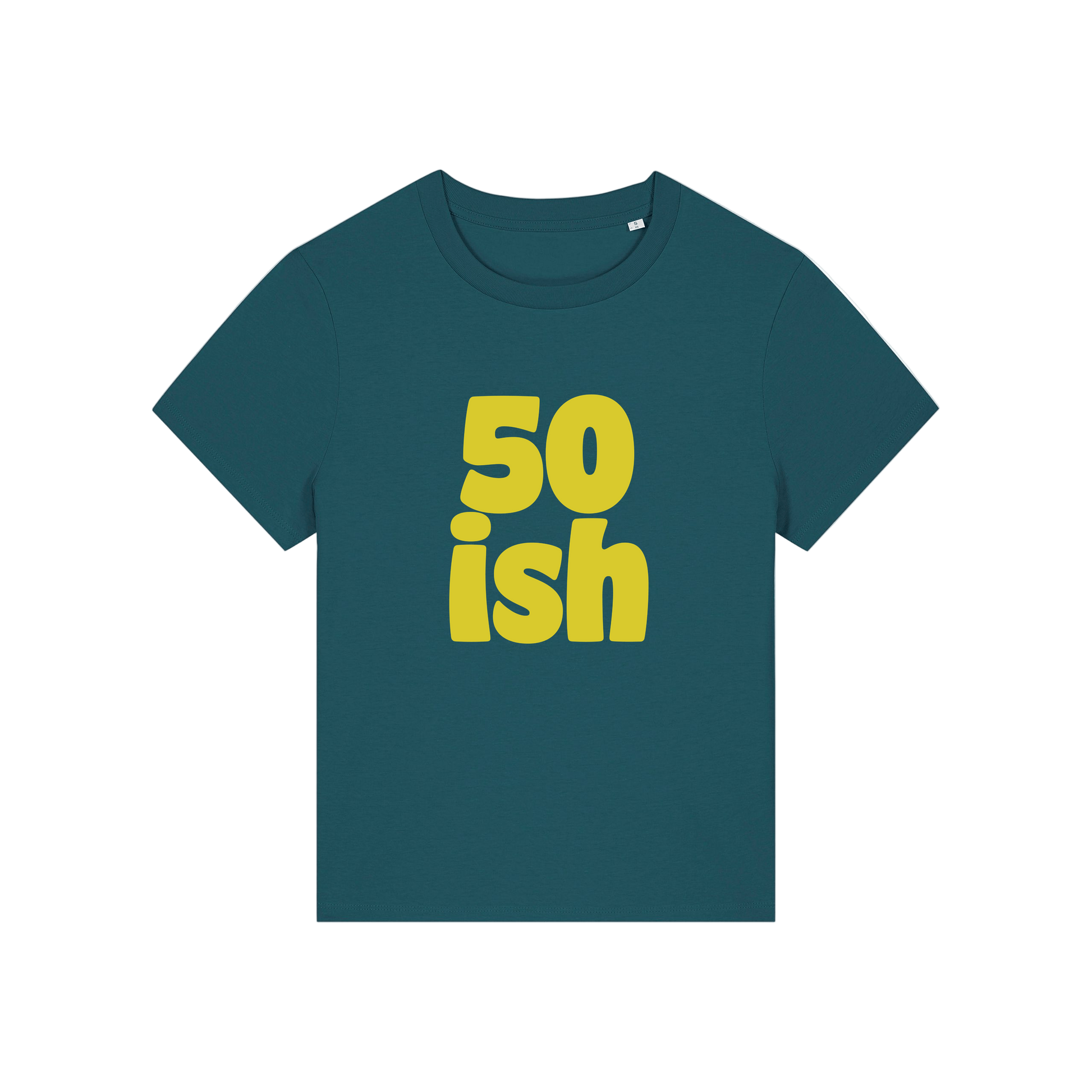 teal birthday t-shirt with the slogan '50 ish'