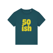 teal birthday t-shirt with the slogan '50 ish'