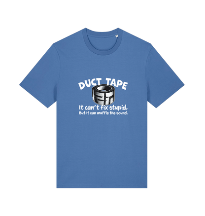 blue offensive t-shirt with a duct tape graphic and the slogan 'duct tape it can't fix stupid but it can muffle the sound'