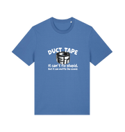 blue offensive t-shirt with a duct tape graphic and the slogan 'duct tape it can't fix stupid but it can muffle the sound'