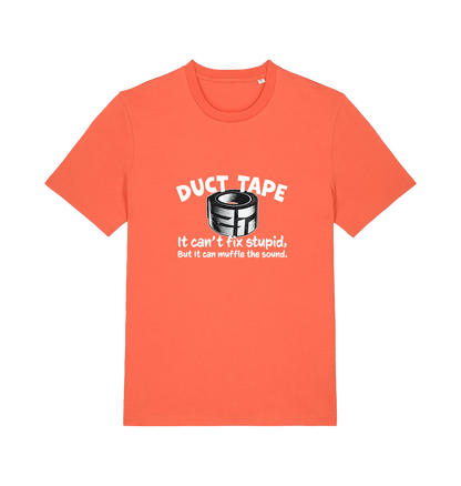 orange offensive t-shirt with a duct tape graphic and the slogan 'duct tape it can't fix stupid but it can muffle the sound'