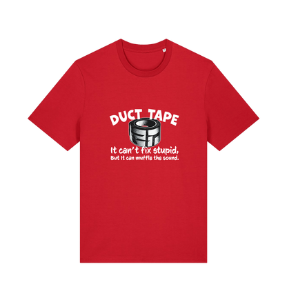 red offensive t-shirt with a duct tape graphic and the slogan 'duct tape it can't fix stupid but it can muffle the sound'