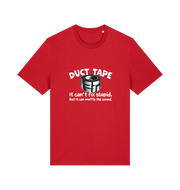 red offensive t-shirt with a duct tape graphic and the slogan 'duct tape it can't fix stupid but it can muffle the sound'
