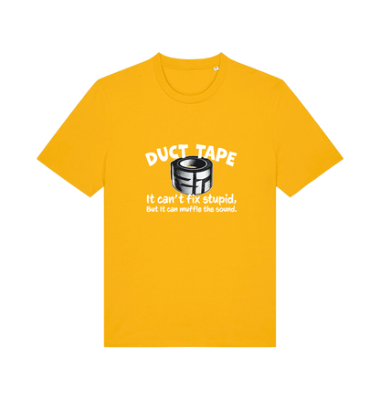 yellow offensive t-shirt with a duct tape graphic and the slogan 'duct tape it can't fix stupid but it can muffle the sound'