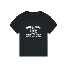 black funny offensive t-shirt with the graphic of duct tape and the slogan 'duct tape it can't fix stupid but it can muffle the sound'