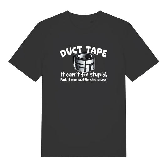 black women's funny slogan t-shirt with the text 'duct tape it can't fix stupid but it can muffle the sound'