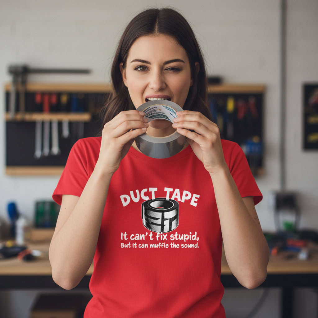 Woman wearing a red t-shirt with duct tape design and text, holding a roll of duct tape.
