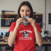 Woman wearing a red t-shirt with duct tape design and text, holding a roll of duct tape.
