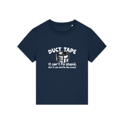 navy funny offensive t-shirt with the graphic of duct tape and the slogan 'duct tape it can't fix stupid but it can muffle the sound'