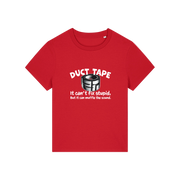 red funny offensive t-shirt with the graphic of duct tape and the slogan 'duct tape it can't fix stupid but it can muffle the sound'