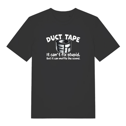 black funny offensive t-shirt with the graphic of duct tape and the slogan 'duct tape it can't fix stupid but it can muffle the sound'