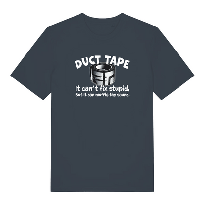 ink grey funny offensive t-shirt with the graphic of duct tape and the slogan 'duct tape it can't fix stupid but it can muffle the sound'