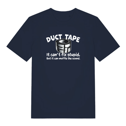 navy funny offensive t-shirt with the graphic of duct tape and the slogan 'duct tape it can't fix stupid but it can muffle the sound'