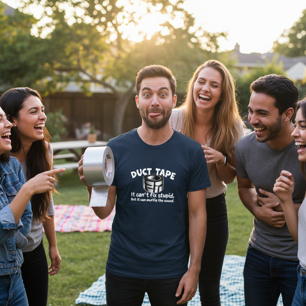 Group of friends outdoors with one person holding duct tape, laughing and enjoying time together.