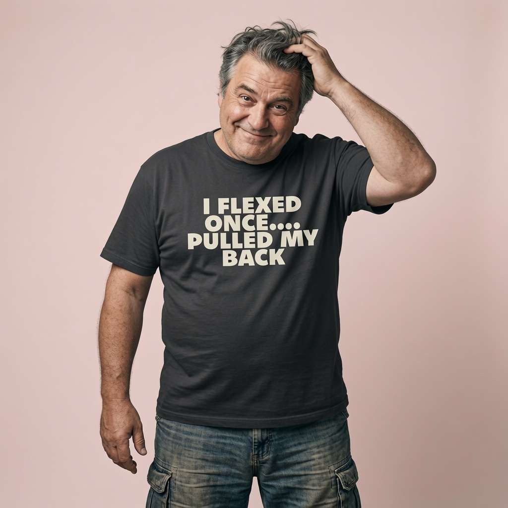 Man posing with hand in hair in black I Flexed Once Pulled My Back tee, funny witty mens old age slogan