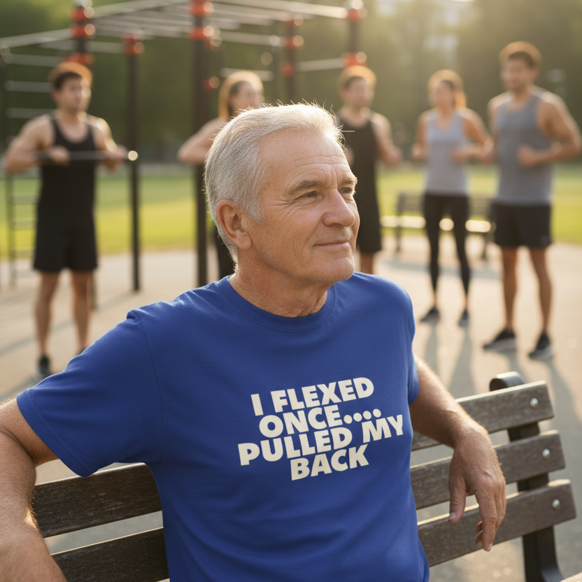 Man wearing a blue t-shirt with humorous text at an outdoor gym.