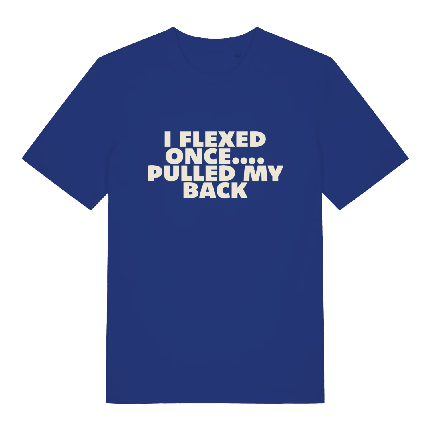 blue sarcastic t-shirt with the slogan 'i flexed once, pulled my back'